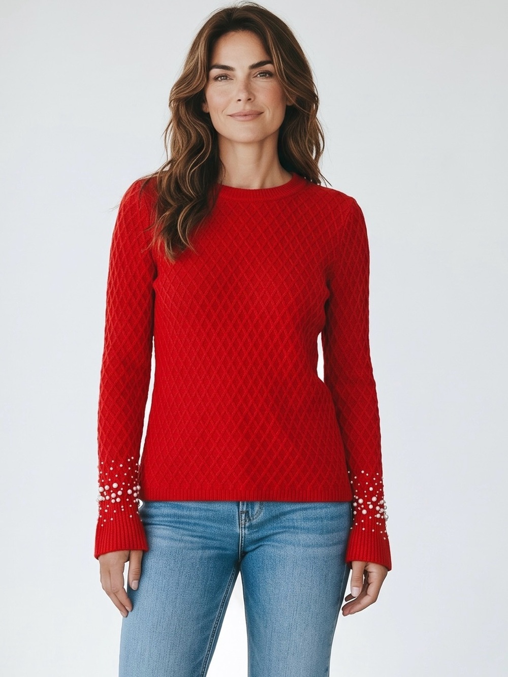 Karl Lagerfeld Red Quilted Pearl Sleeve Sweater Size S